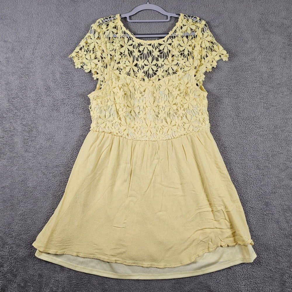 Southern Fried Chics Yellow Lace Mini Dress XL Floral Crochet Boho Summer
